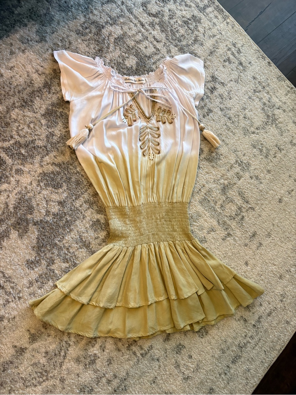 Boheme Cream and Olive Green Tiered Mini Dress